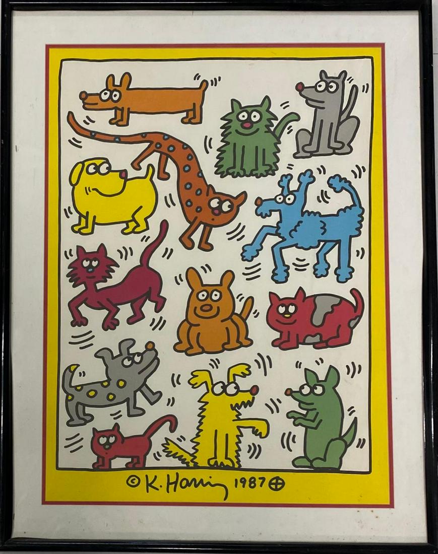 KEITH HARING HUMANE SOCIETY POSTER 1987: KEITH HARING HUMANE SOCIETY POSTER 1987 ,38"HX25"W FRAMED MINT CONDITION
