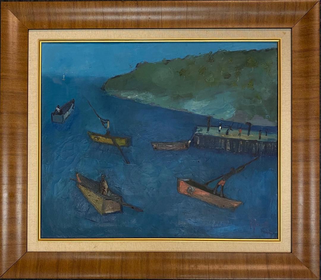 Manes Descollines Haitian Painting: Descollines, Manes (Haitian, 20th Century), Untitled seascape with boats and figures, oil on canvas, circa 1970, measuring 20 by 24 inches, from the collection of Marcus Rediker, PhD