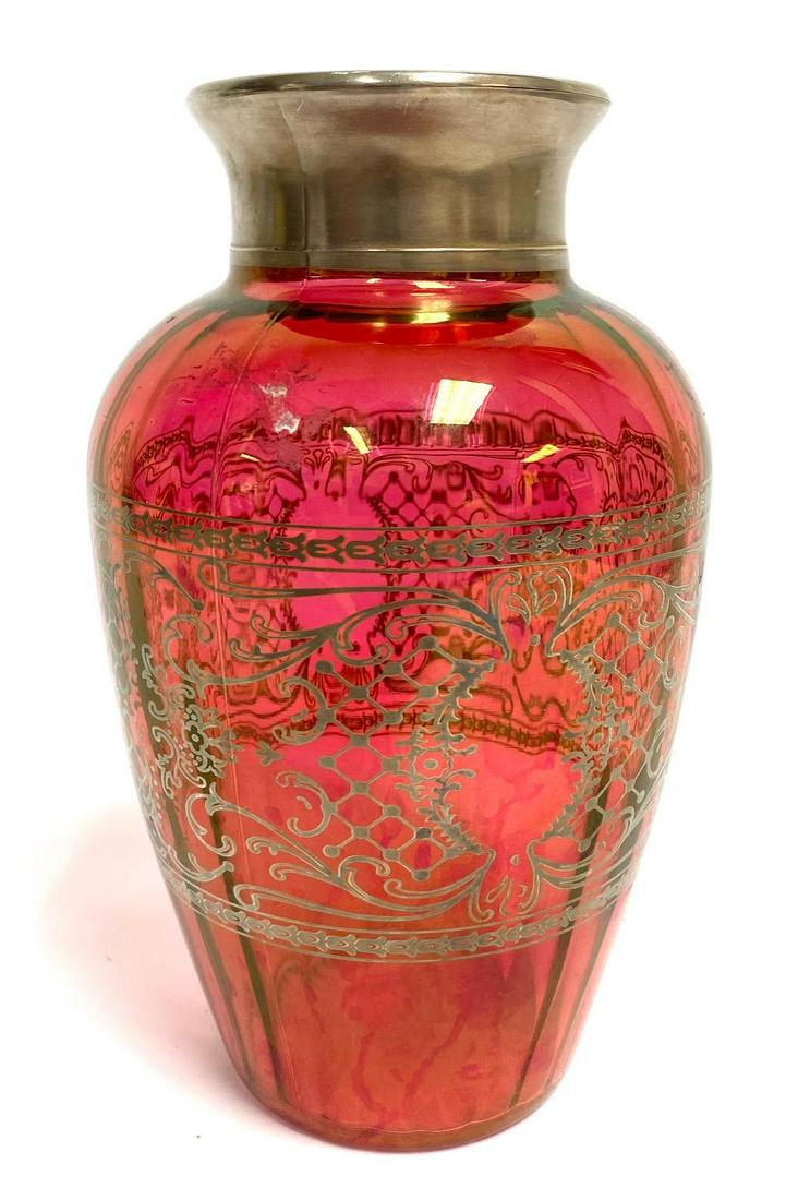Vintage ruby red glass vase with sterling silver: Vintage ruby red glass vase with sterling silver overlay measures 7" x 5" inches