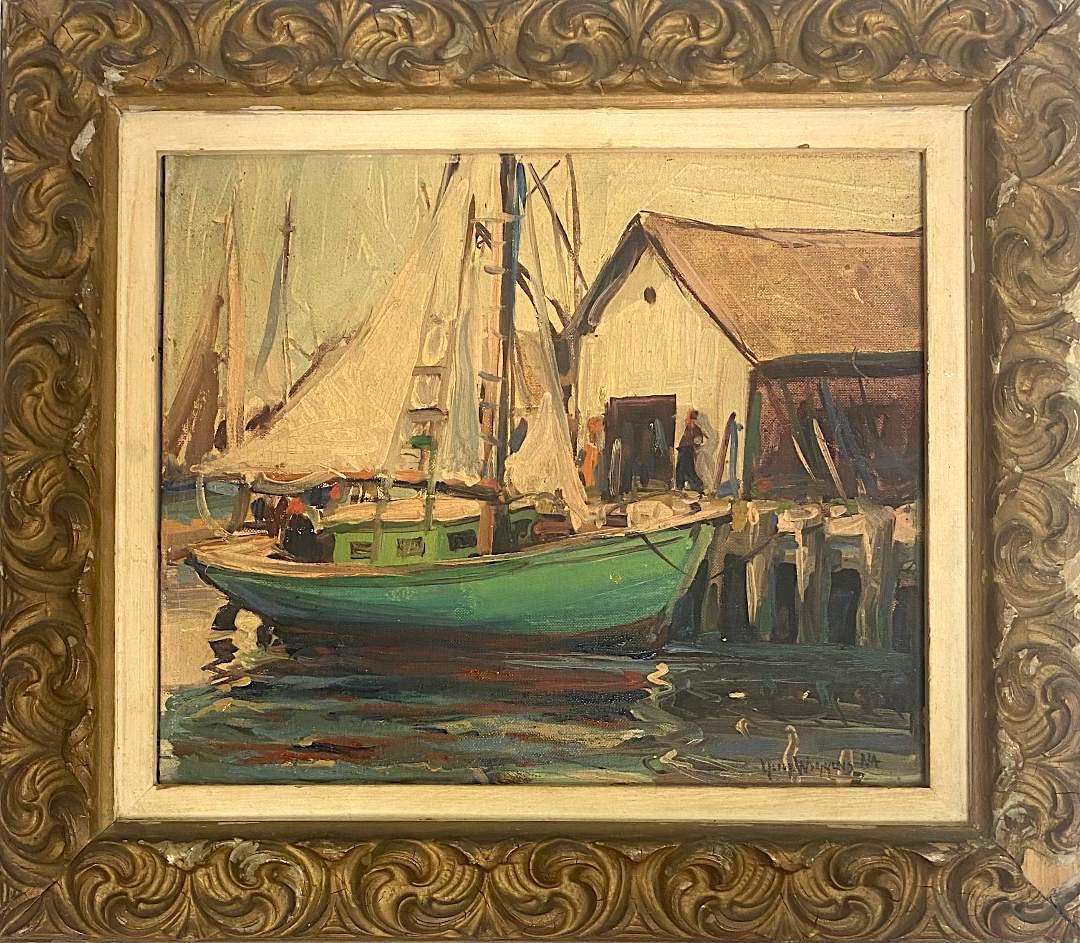 Guy Carleton Wiggins (1883-1962) United States of: Guy Carleton Wiggins (1883-1962) United States of America "Harbor Scene "oil on canvas on board Signed ,measures 11.5" x 9 .5 " inches