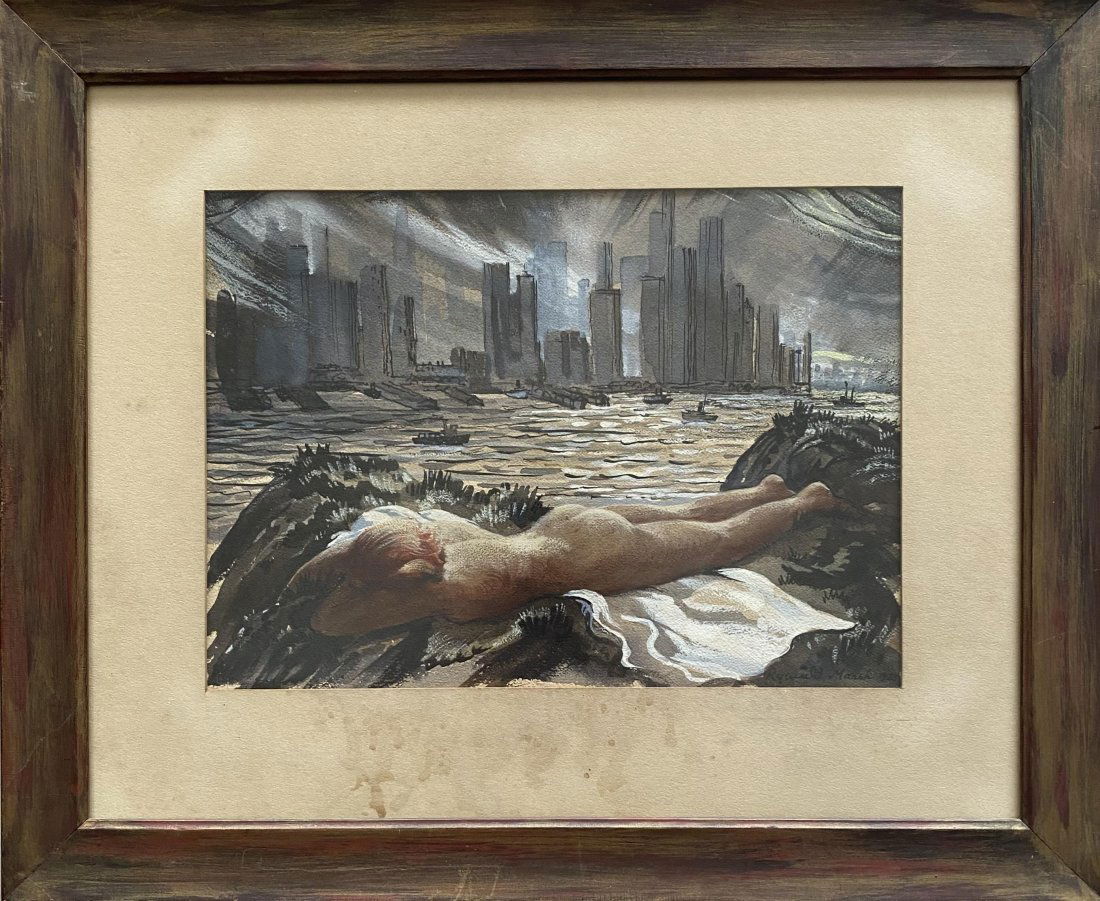 Reginald Marsh (1898 - 1954) American: Reginald Marsh (1898-1954) France ,View New York watercolor on paper ,measures 10h x 13 inches