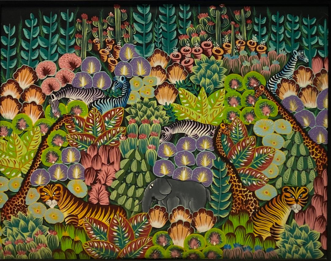 Haitian Folk Art (Pierre Louis): Haitian folk art "ZEBRAS IN THE JUNGLE" SIGNED Pierre Louis, measures 38 x 49 inches