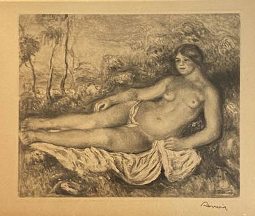 1919 Pierre Auguste Renoir Engraving "Nude Lounging": 1919 Pierre Auguste Renoir Engraving "Nude Lounging" Signed ,measures 7 3/4 x 9 3/8 inches. ,framed 15 x10 1/2