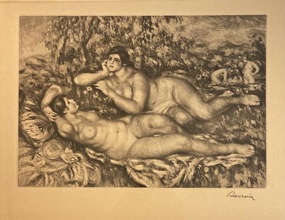 1919 Pierre Auguste Renoir Engraving "The bathers.": 1919 Pierre Auguste Renoir Engraving "The bathers." Signed ,measures 7 3/4 x 9 3/8 inches. ,framed 15 x10 1/2