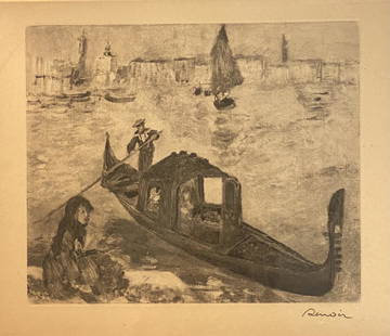 1919 Pierre Auguste Renoir Engraving, "Venice Gondola Ride": 1919 Pierre Auguste Renoir Engraving , "Venice Gondola Ride" Signed ,measures 7 3/4 x 9 3/8 inches. ,framed 15 x10 1/2