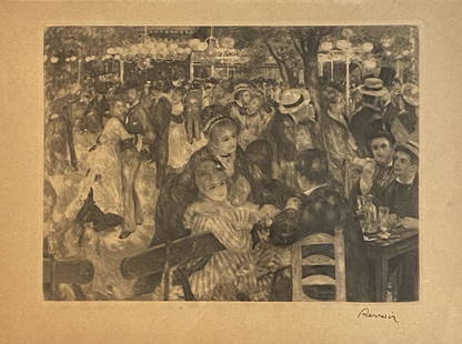 1919 Pierre Auguste Renoir Engraving,"Bal du moulin de la Galette": 1919 Pierre Auguste Renoir Engraving , "Bal du moulin de la Galette " Signed ,measures 7 3/4 x 9 3/8 inches. ,framed 15 x10 1/2