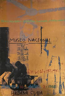 Robert Rauschenberg (1925 - 2008) American: Robert Rauschenberg. Title "ROCI CUBA", Museo Nacional. 1988. Silkscreen on foil paper.Signed in Red Marker Published Fundationt,Robert Rauschenberg, measures 24" x 35"