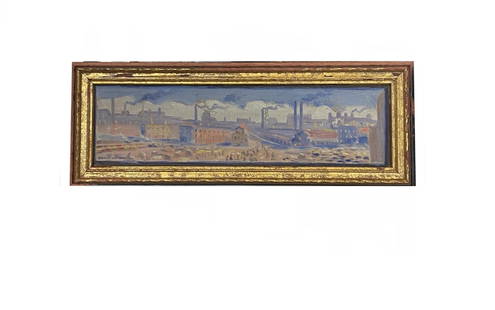 Everett Longley Warner (1877 - 1963) American: Everett Longley Warner (1877 - 1963) " Industrial Scene " Oil / Board Signed ,measures 9 1/2 x 6 inches