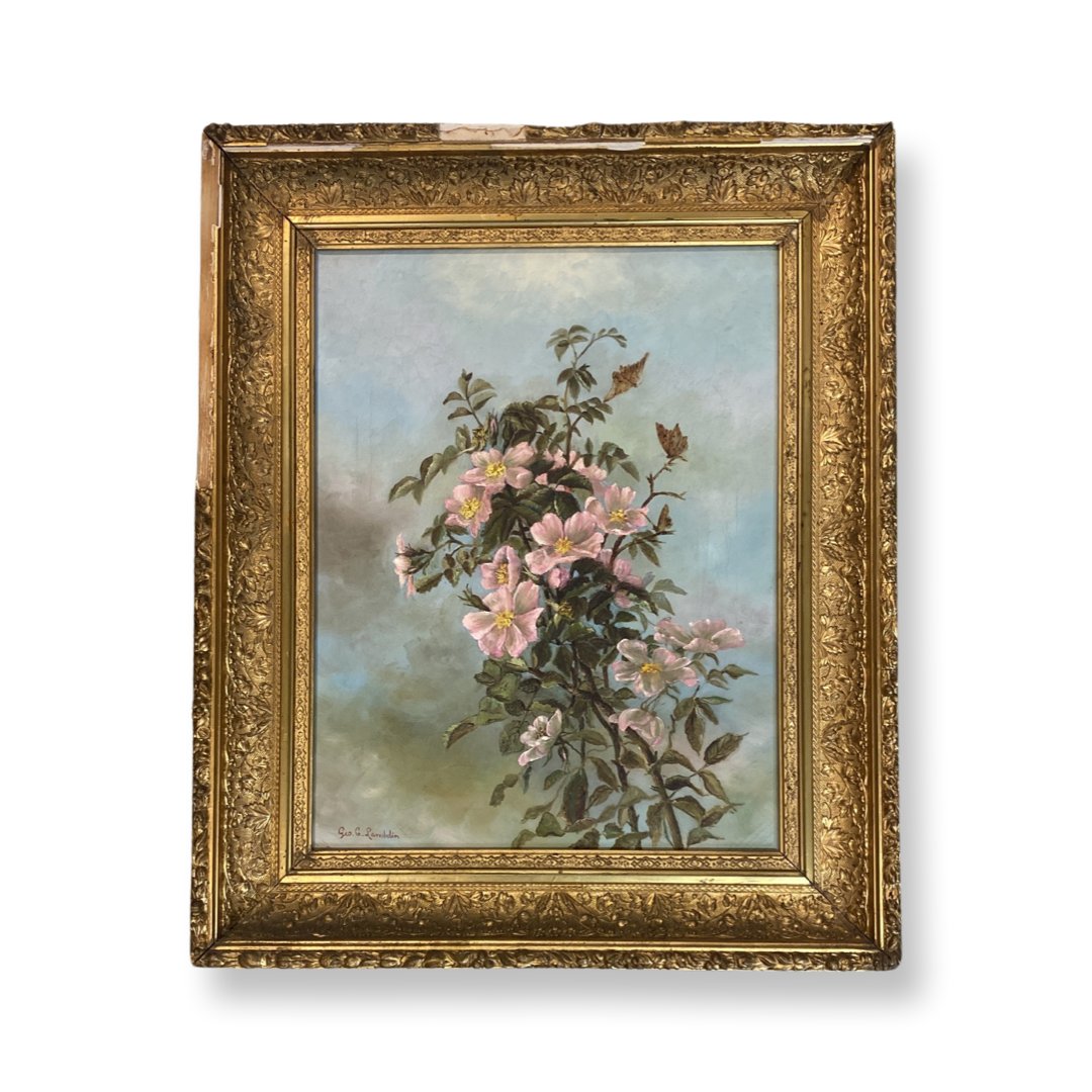 George Cochran Lambdin (1830 - 1896) American " Roses and Butterfly ": George Cochran Lambdin (1830 - 1896) Oil on canvas , Signed 17 " x 13 1/8 " ,measures 17 1/2 x 13 1/2 inches