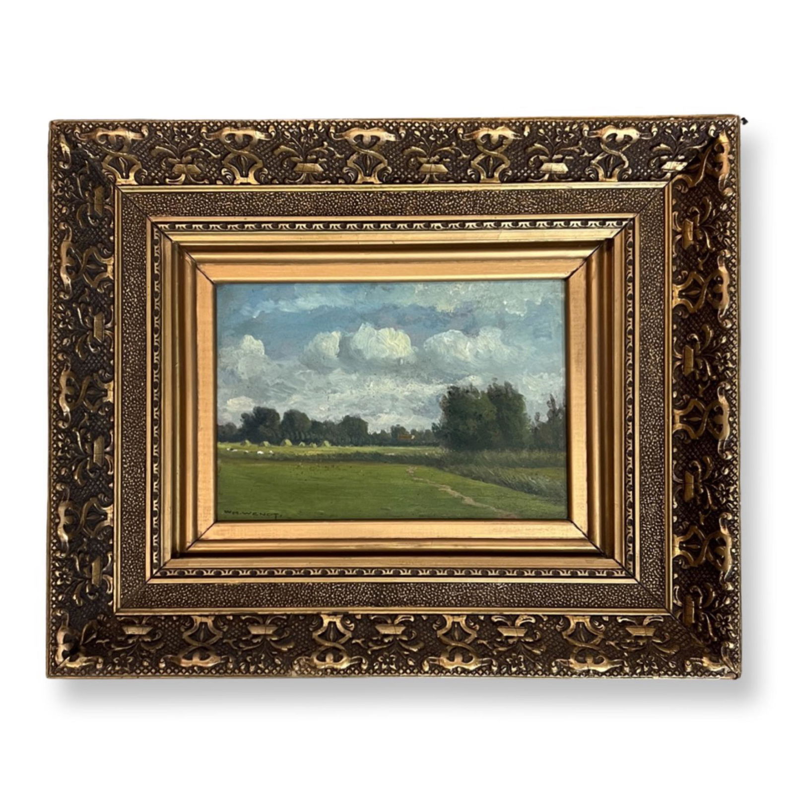 William Wendt (1865 - 1946) American: William Wendt (1865 - 1946) Oil on board , Signed , measures 5" x 8" c/ framed 11" x 14'