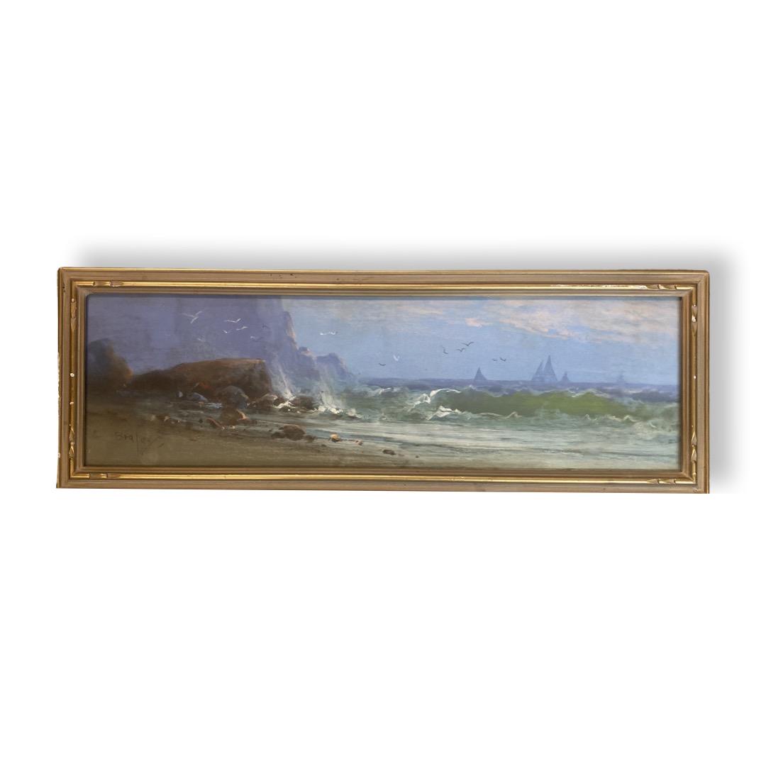 Clarence E. Braley (1854 - 1927) American: Clarence E. Braley (1854 - 1927) American " Rocky Coast" Pastel on paperboard ,Signed ,measures 19" x 6" inches