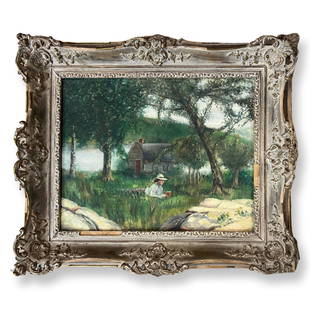 American School 20 th Century: American School 20 th Century , Early American Log Cabin Scene , Oil on Canvas , measures 15" x 19' , w/ frame 23.5" x 29"