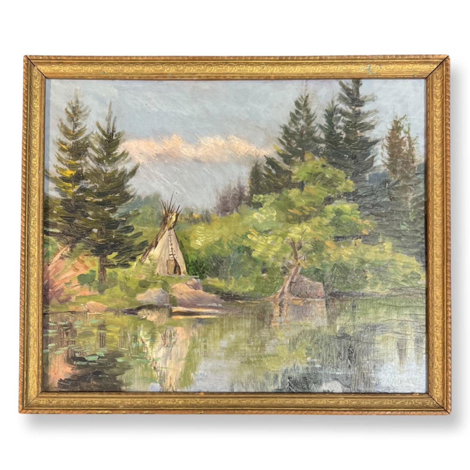 Joseph Henry Sharp (1859 - 1953) American: Joseph Henry Sharp (1859 - 1953)" Montana Teepee " , Oil on Board , Signed , measures 9.5 x 11.5 inches w/frame 11 x 13