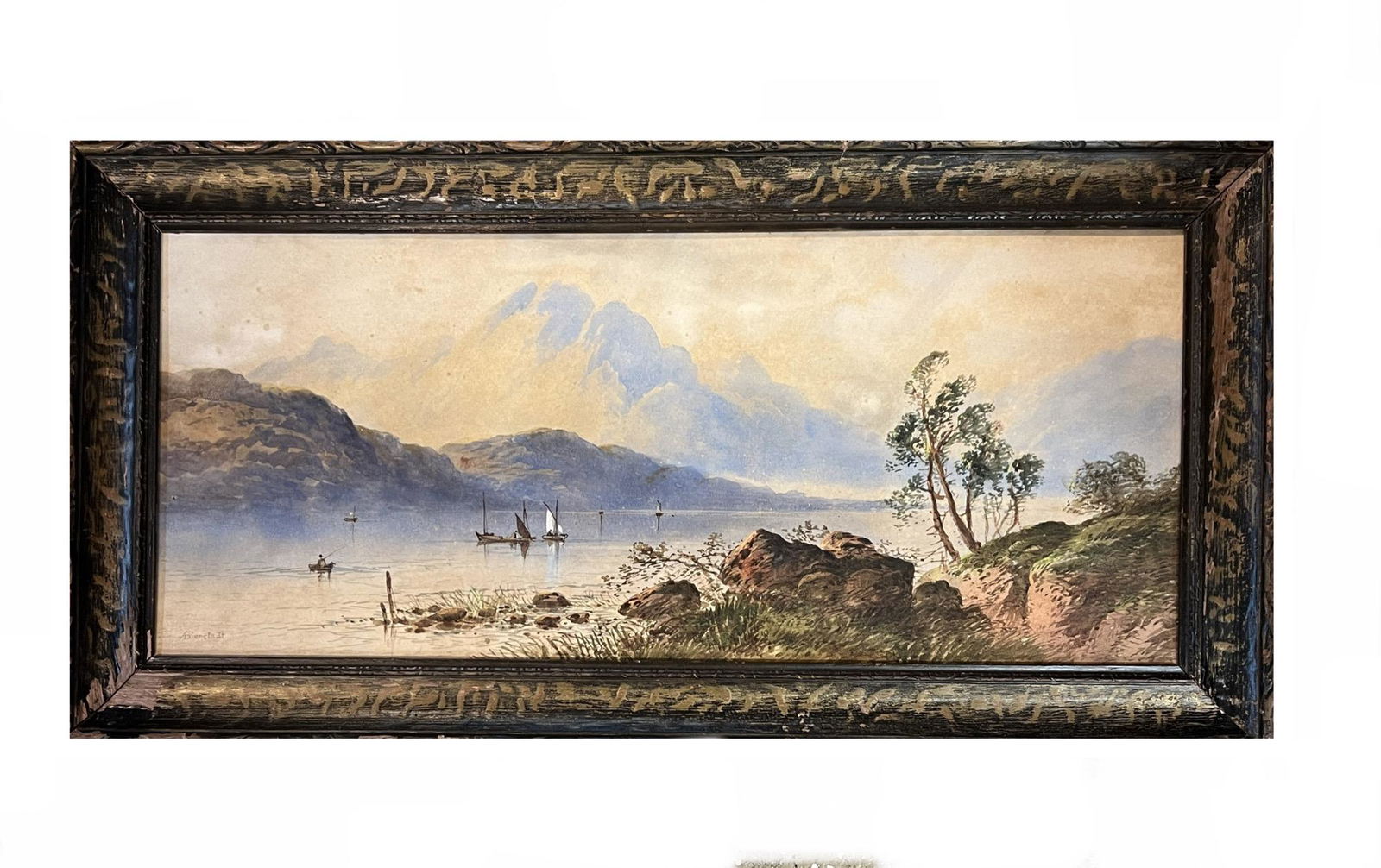 Albert Bierstadt (1830 - 1902) American: Albert Bierstadt (1830 - 1902) Oil on paper laid down on board , Signed , measures 9" x 22" ,Original Frame