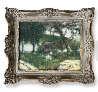 American School 20 th Century: American School 20 th Century , Early American Log Cabin Scene , Oil on Canvas , measures 15" x 19' , w/ frame 23.5" x 29"