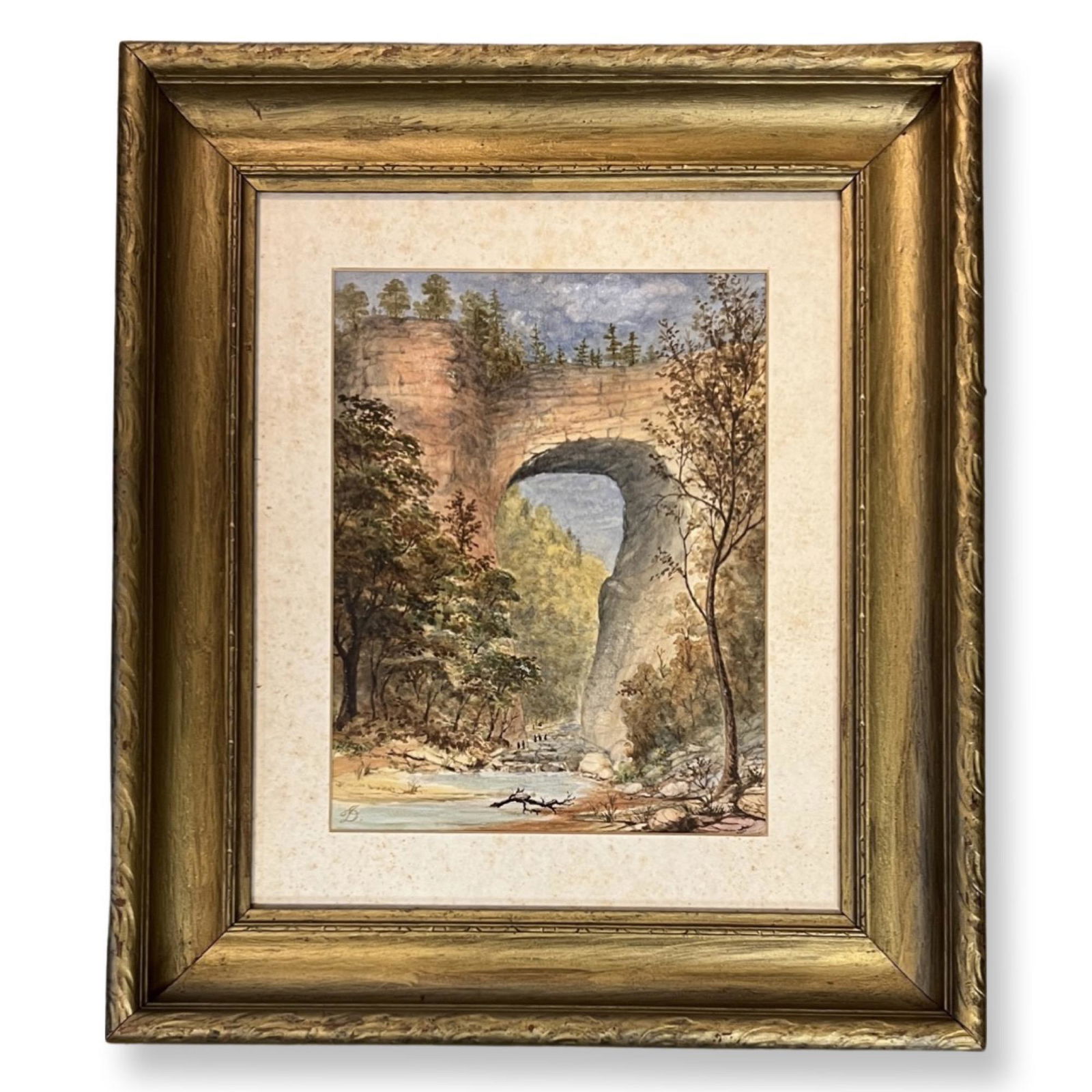 David Johnson (1827 - 1908) American: David Johnson (1827 - 1908) " THE NATURAL BRIDGE OF VIRGINIA " Watercolor on Paper, Signed, measures