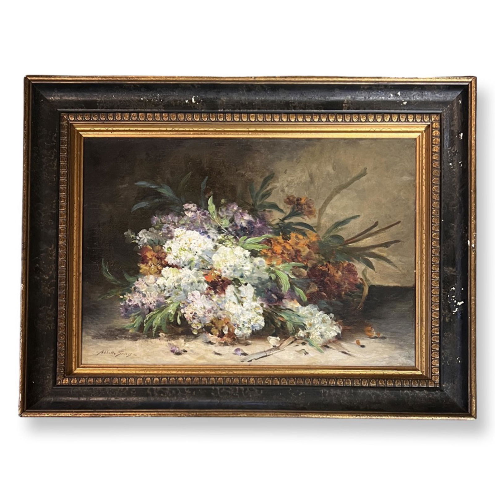 Abbott Fuller Graves (1859 - 1936) American: Abbott Fuller Graves (1859 - 1936) "BOUQUET OF PEONIES " , Oil on canvas , Signed , measures 14.5" x 21.5" , w/frame 21" x 28"