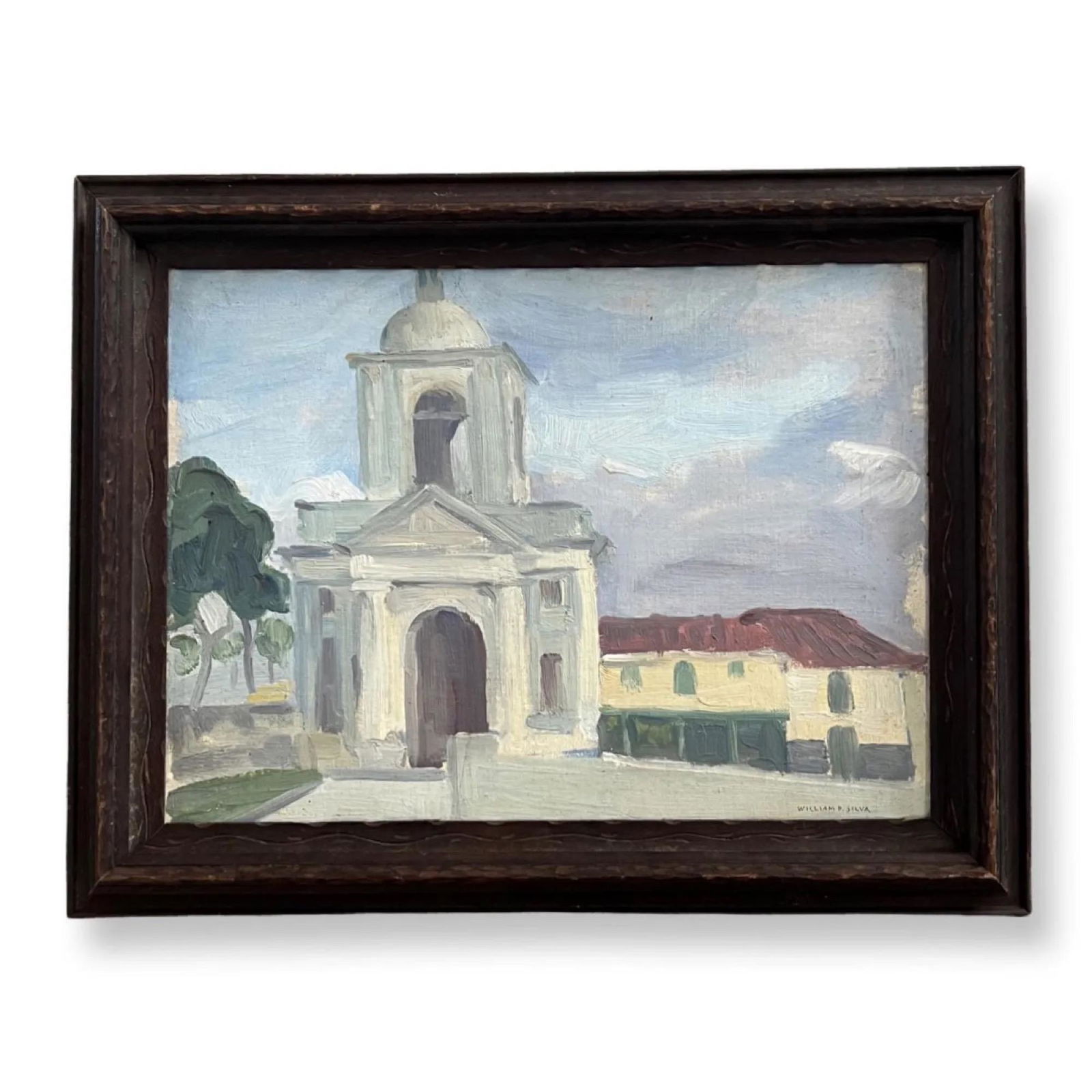 William Posey Silva (1859 - 1948) American: William Posey Silva (1859 - 1948) " Mission " Oil on artists' board , Signed , measures 16" x 12" , w/frame 19.5" x 15"