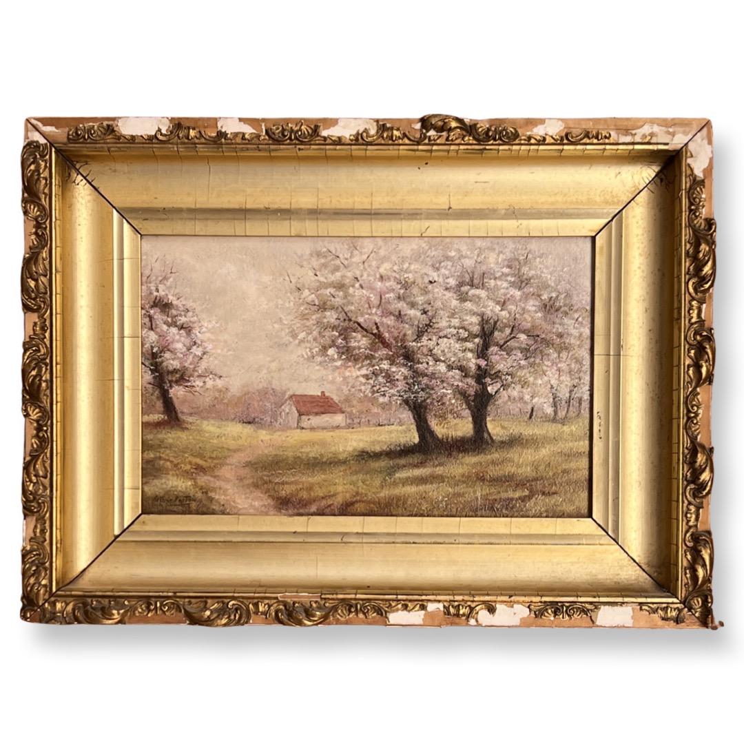 Arthur Parton (1842 - 1914) American: Arthur Parton (1842 - 1914) (Trees in Spring) Oil on Panel , Signed , measures 8" x 14" , w/frame 15" x 20"