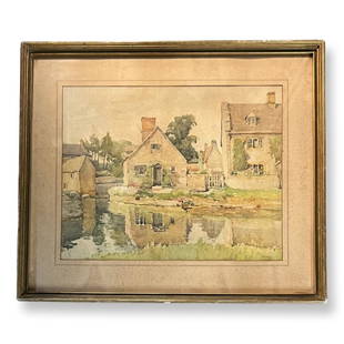 Ethel Mars (1876 - 1956) American / France: Ethel Mars (1876 - 1956) "Village landscape, likely France" Watercolor on paper , Signed , measures 19.5" x 15.5" , w/frame 27" x 23"