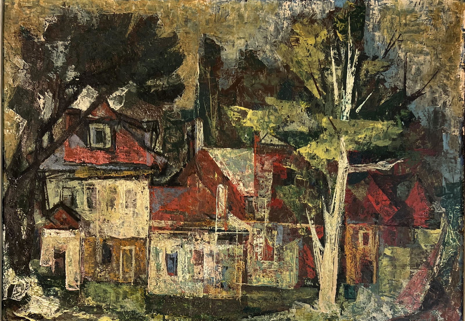 Si Lewen A(Born 1918-2016) AMERICAN: Si Lewen Oil on Board, Signed, Measures (19 x 28 inches) w/frame ( 29.5 x 37.5 inches) Si Lewen lived in New York / Germany/ Poland and is known for Abstract, figure paintings.