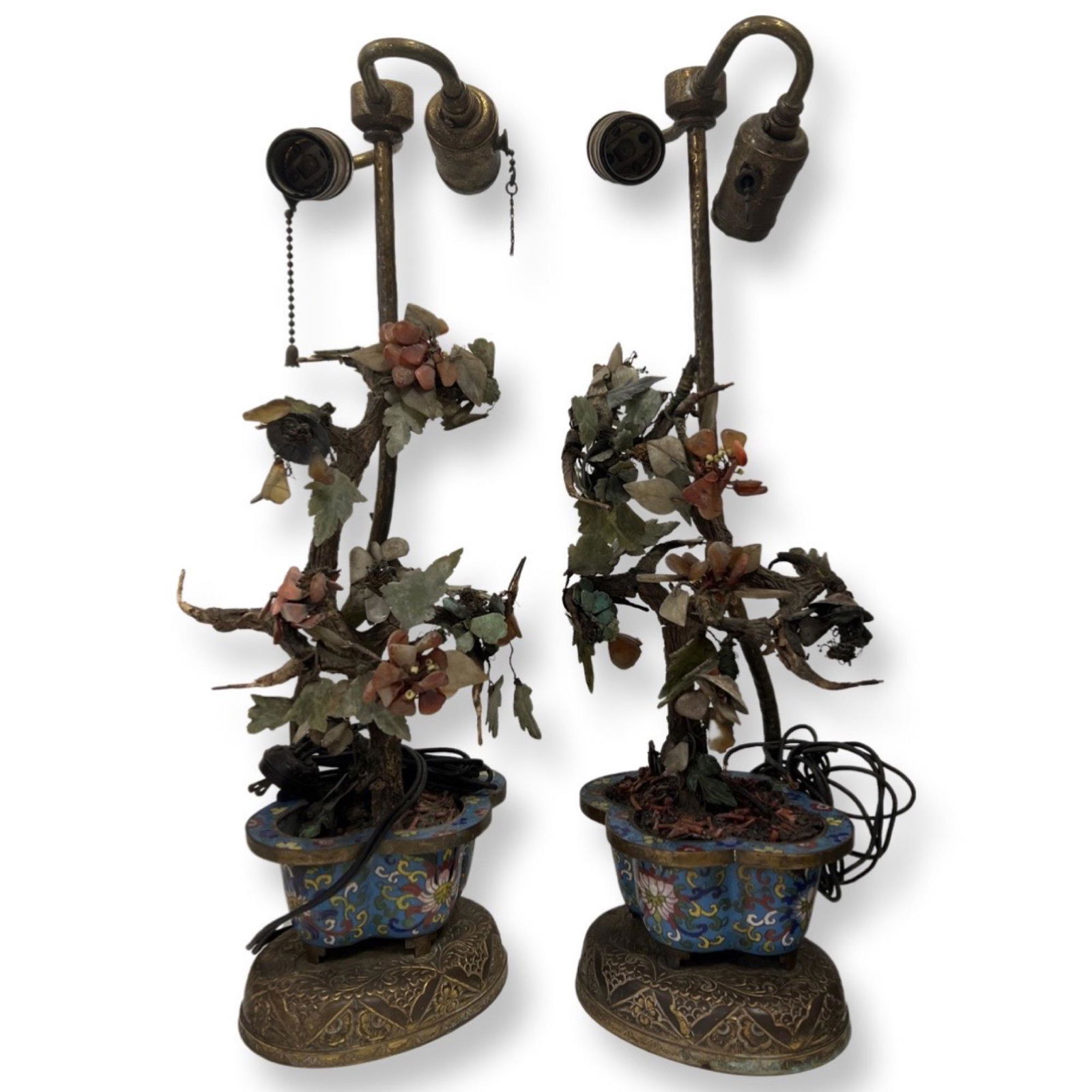 Pair Chinese Hard Stone Trees; Cloisonne Planters (1 of 4)
