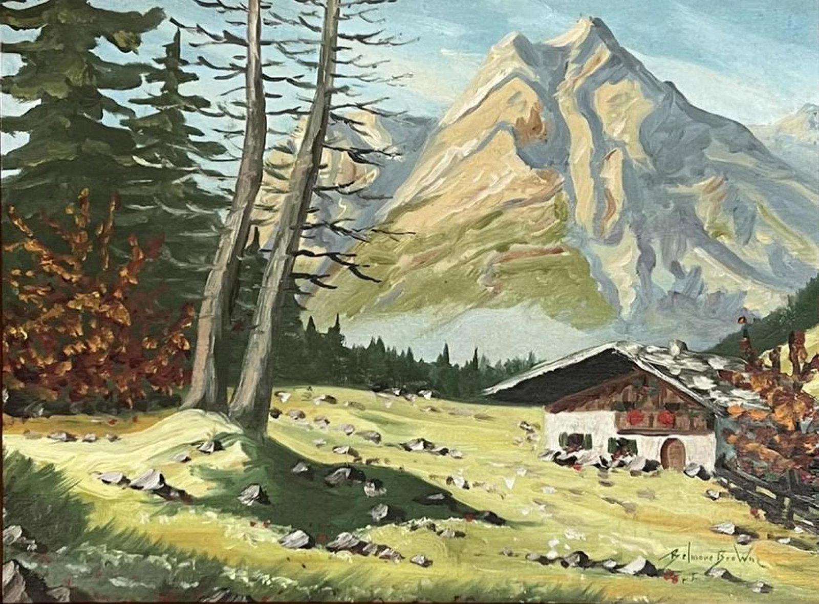 Belmore Browne (1880 - 1954) American: Belmore Browne (1880 - 1954) Oil on Canvas , Signed ,measures 12" x16" , w/frame 19" x 23". Browne's 1913 'Mt. McKinley, the South Face' is one of his most striking images of the mountain that capture
