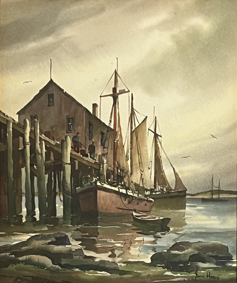 John Cuthbert Hare (1908 - 1978) American: John Cuthbert Hare (1908 - 1978) Watercolor on Paper, Signed, Measures (12 x 10 inches) w/frame (19.5 x 17 inches) John Cuthbert Hare, 1908-1978, was a watercolorist who painted boats, seascapes and h