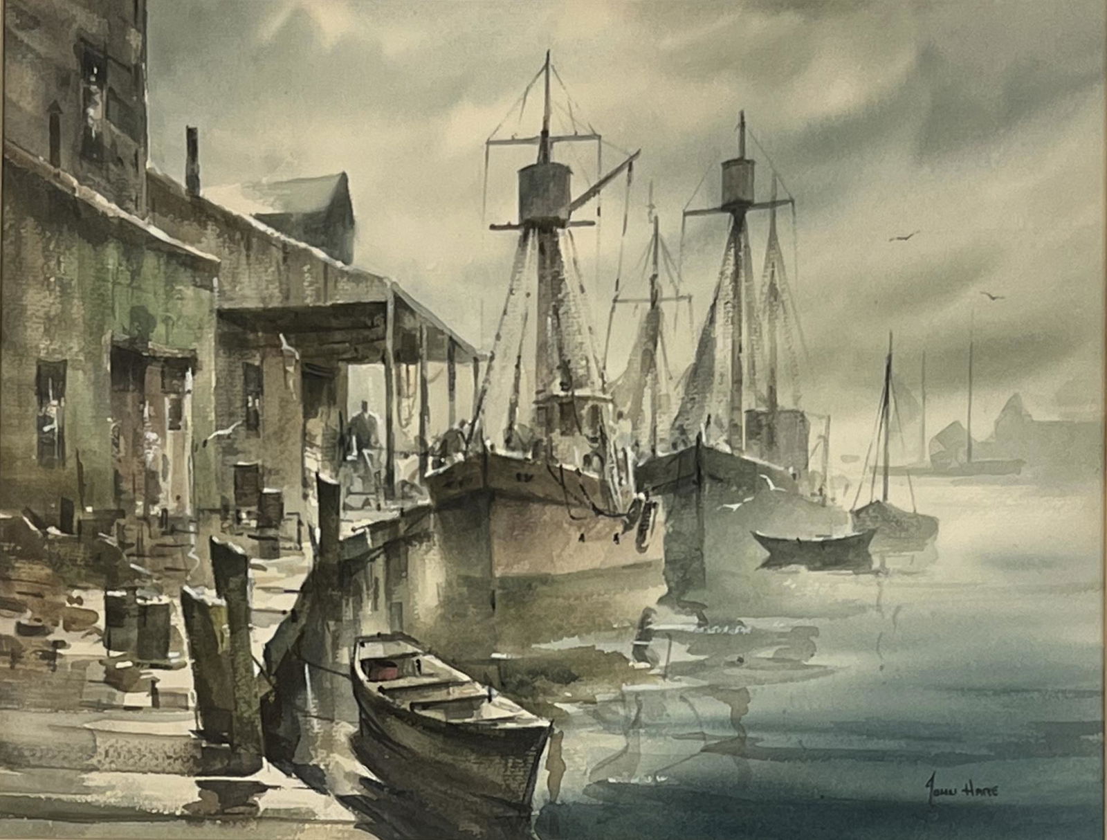 John Cuthbert Hare (1908 - 1978) American: John Cuthbert Hare (1908 - 1978) Watercolor on Paper, Signed, Measures (12 x 16 inches) w/frame (21.5 x 25 inches) John Cuthbert Hare, 1908-1978, was a watercolorist who painted boats, seascapes and h