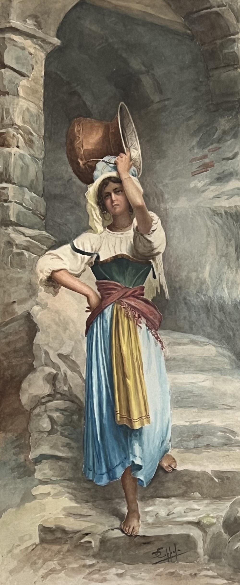 D. Coppola Woman with Copper Pot Watercolor: 19th century watercolor depicting a woman balancing a pot on her head and signed "D. Copolla" to the lower left hand corner. Framed and matted under glass. Frame measures 32” in height by 17-3/4