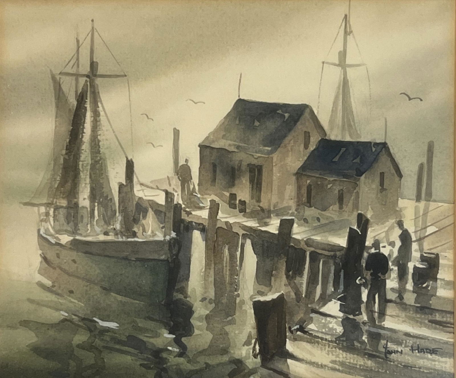 John Cuthbert Hare (1908 - 1978) American: John Cuthbert Hare (1908 - 1978) Watercolor on Paper, Signed, Measures (7 x 8 inches) w/frame (13 x 14.5 inches) John Cuthbert Hare, 1908-1978, was a watercolorist who painted boats, seascapes and har