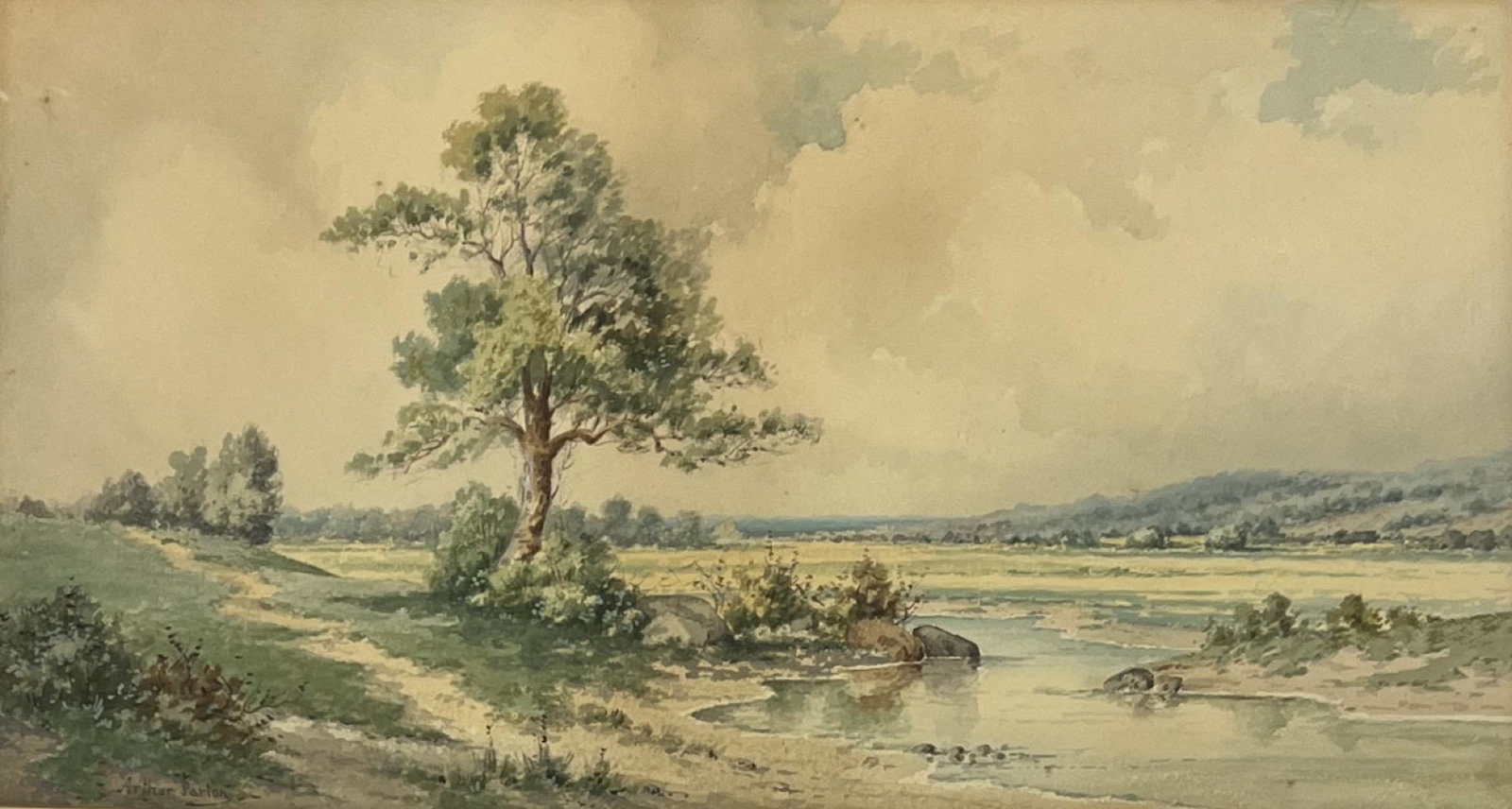 Arthur Parton (1842 - 1914) American: Arthur Parton (1842 - 1914) Watercolor on paper , Signed , measures 12" x 21.5 " , c/framed 21.5 " x 31" Known as a Hudson River School painter, especially of mountain landscapes, Arthur Parton was we