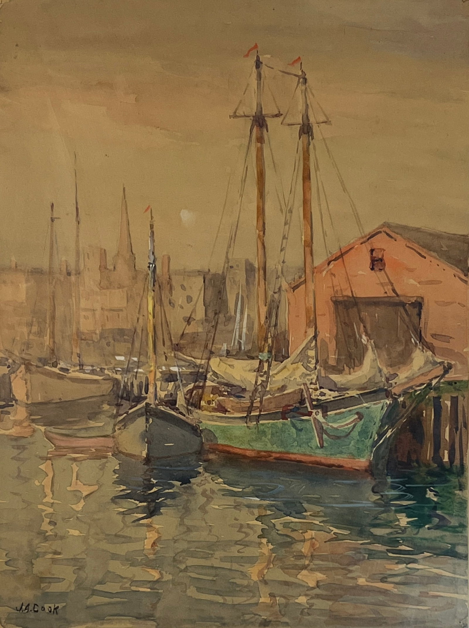 John Alfred Cook (1870 - 1936) American: John Alfred Cook (1870 - 1936) Watercolor on Paper, Signed Lower Left J.A.Cook, Measures (12 x 9 inches) w/frame (18 x 15 inches) Cook, John Alfred, oils and water colors; born in Gloucester, Mass., M