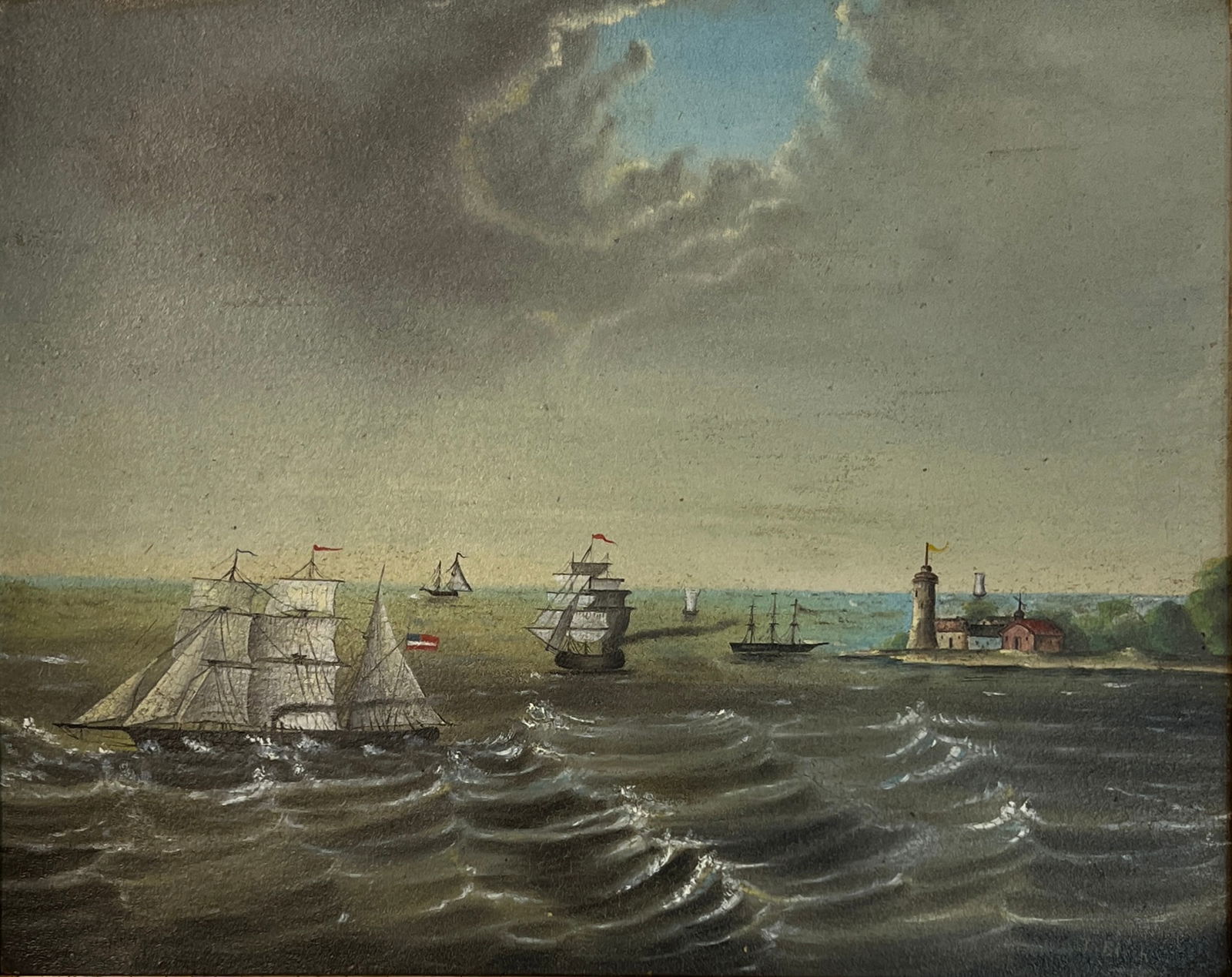 Thomas Birch (1779 - 1851) American: Thomas Birch (1779 - 1851) Oil on Board, Signed Lower Right, Measures (12 x 15 inches) w/frame (12 x 15 inches) w/frame (15.5 x 18.5 inches) Born in England, Thomas Birch became the earliest marine pa