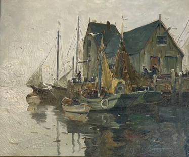 Anthony Thieme (1888 - 1954) American: Anthony Thieme (1888 - 1954) A fine impressionist marine painting of boats docked in the harbor by Dutch / American artistAnthony Thieme (1888-1954). Thieme was born in Rotterdam, Holland and, after t