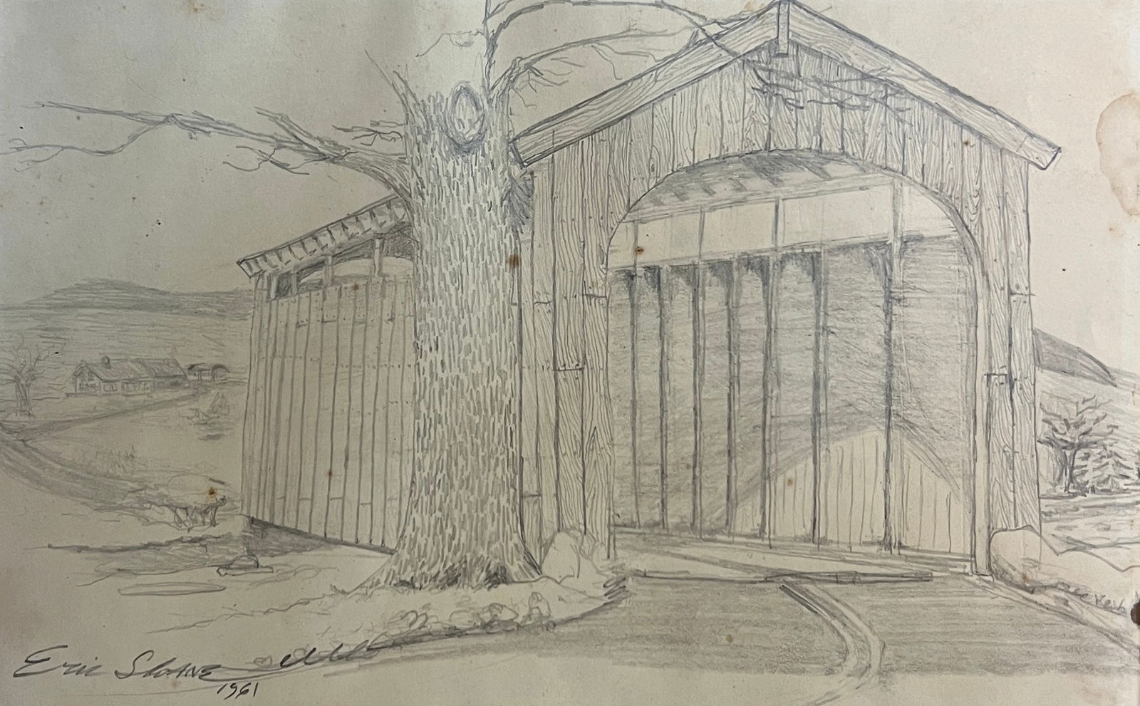 Eric Sloane (1905/10 - 1985) American: Eric Sloane (1905/1910- 1985) pencil on paper, signed lower left and dated 1961, measures 5.5 x 8.5 and 14 x 18 inches w/ frame. Eric Sloane was born, Everard Jean Hinrichs, on February 27, 1905 in Ne