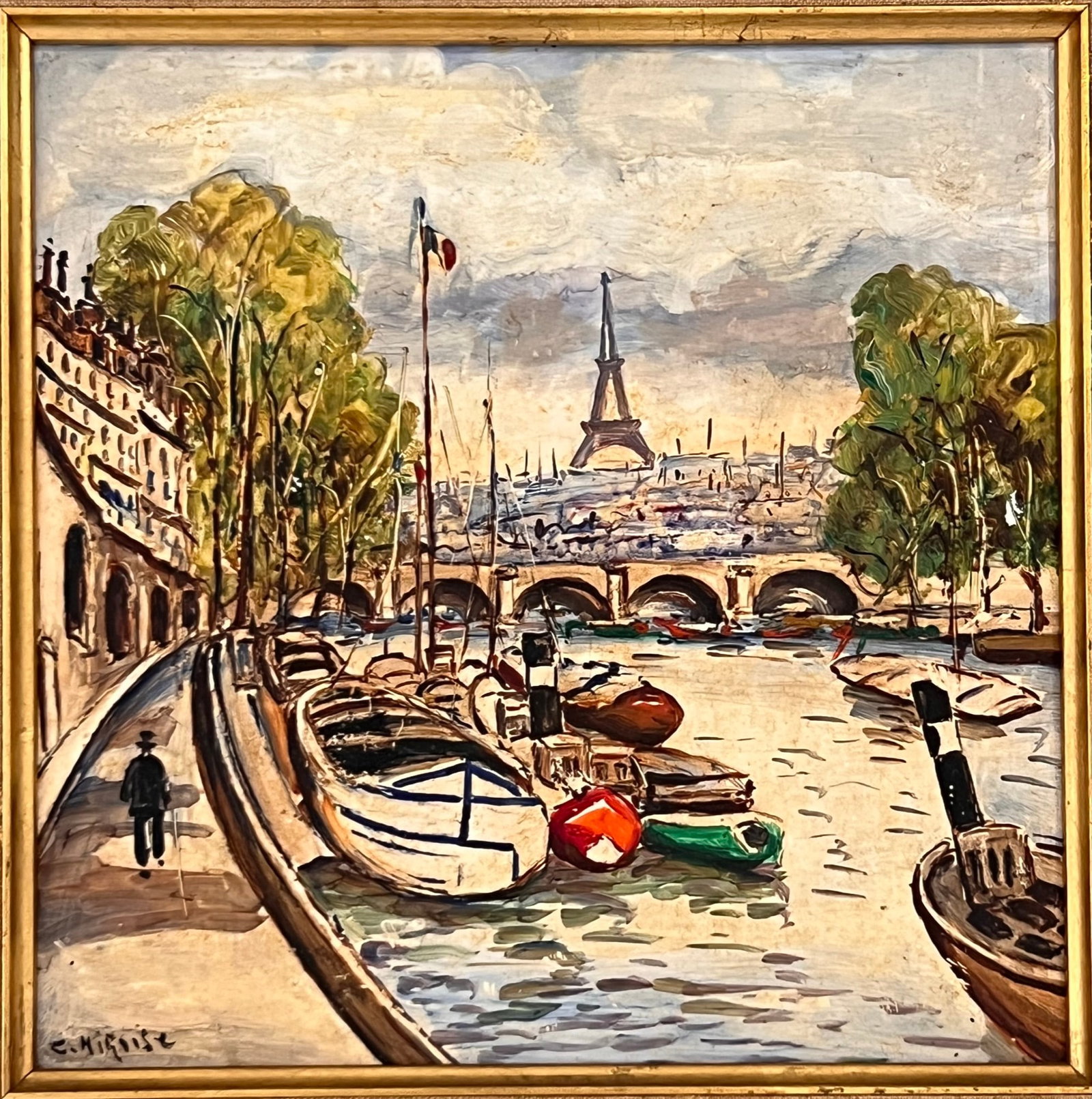 Vintage Porcelain plaque Paris scene, Signature Ilegible: Vintage Porcelain plaque Paris scene, Signed Lower Left, measures 7 1/2 x 71/2 inches , 12" x 12"