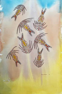 Tatipai Barsa (Born 1967) Australian Aboriginal: Tatipai Barsa (Born 1967) Watercolor on paper, signed lower right, measures (21 x 14). Tatipai Barsa was born in the Torres Strait Islands in 1967 and lives on Murray Island. Barsa’s works of synthe