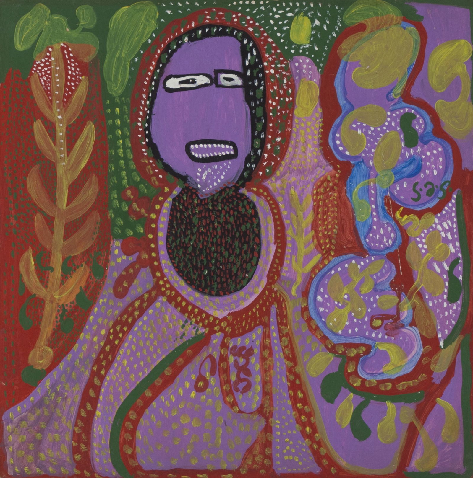 Saint-Jacques Smith (Haitian/Soissons-la-Montagne, 1943-2009): Saint-Jacques Smith (Haitian/Soissons-la-Montagne, 1943-2009) Untitled (One Purple Loas), circa 1980's, Oil on masonite, 24 x 24 inches unframed. Good condition, corners slightly worn out Pieces bough