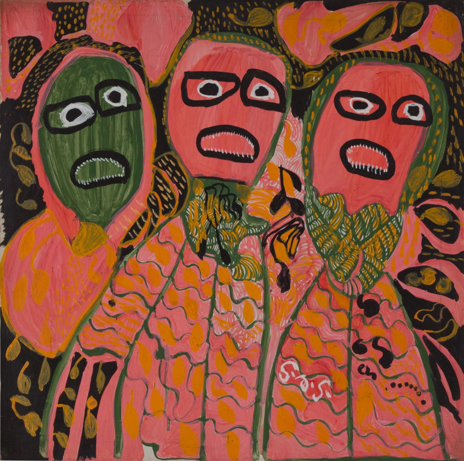Saint-Jacques Smith (Haitian/Soissons-la-Montagne, 1943-2009): Saint-Jacques Smith (Haitian/Soissons-la-Montagne, 1943-2009) Untitled (Three Pink and Green Loas), circa 1980's, Oil on masonite, 24 x 24 inches unframed. Good condition, corners slightly worn out Pi