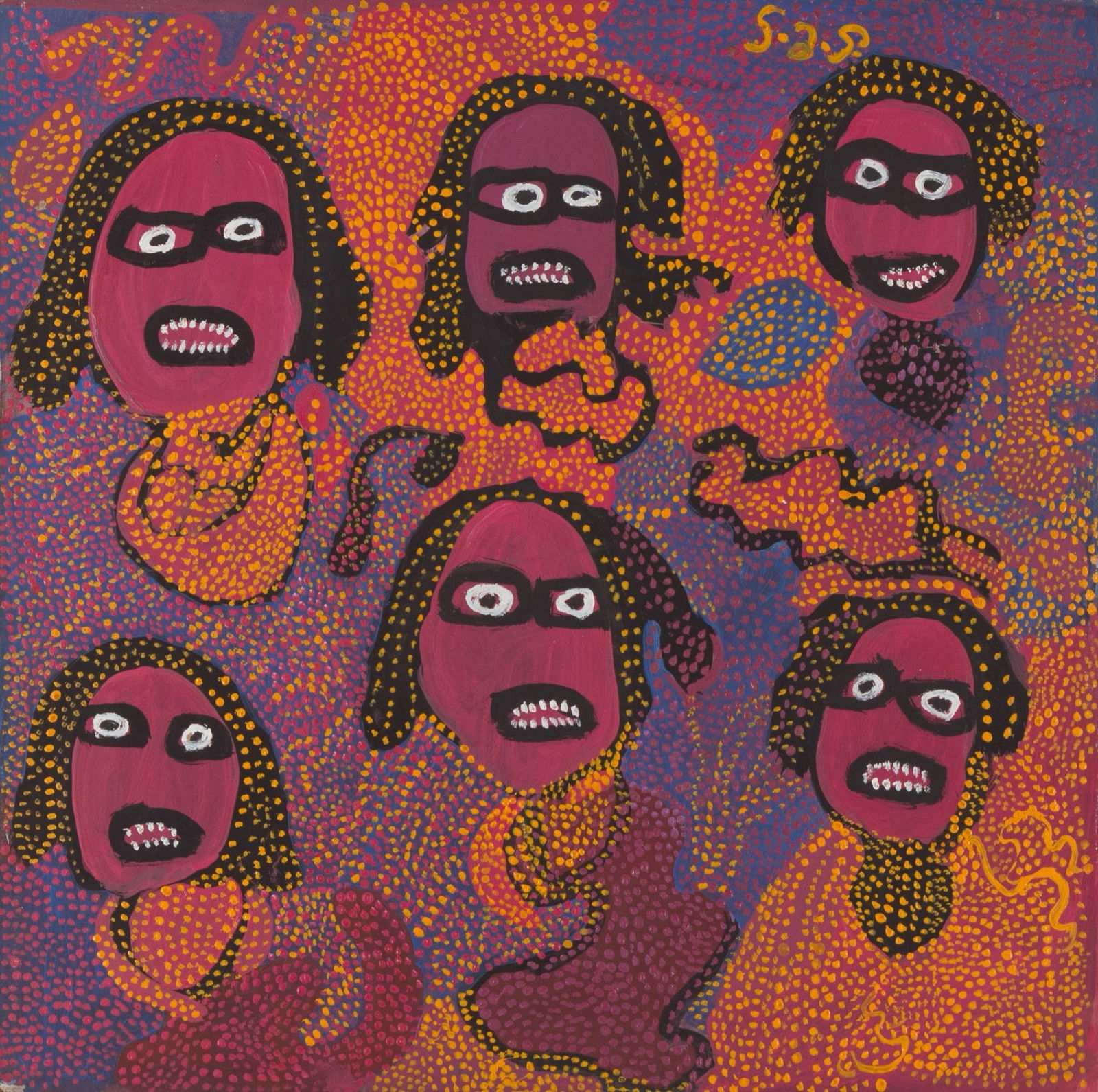 Saint-Jacques Smith (Haitian/Soissons-la-Montagne, 1943-2009): Saint-Jacques Smith (Haitian/Soissons-la-Montagne, 1943-2009) Untitled (Six Purple & Red Loas), circa 1980's, Oil on masonite, 24 x 24 inches unframed. Good condition, corners slightly worn out Pieces