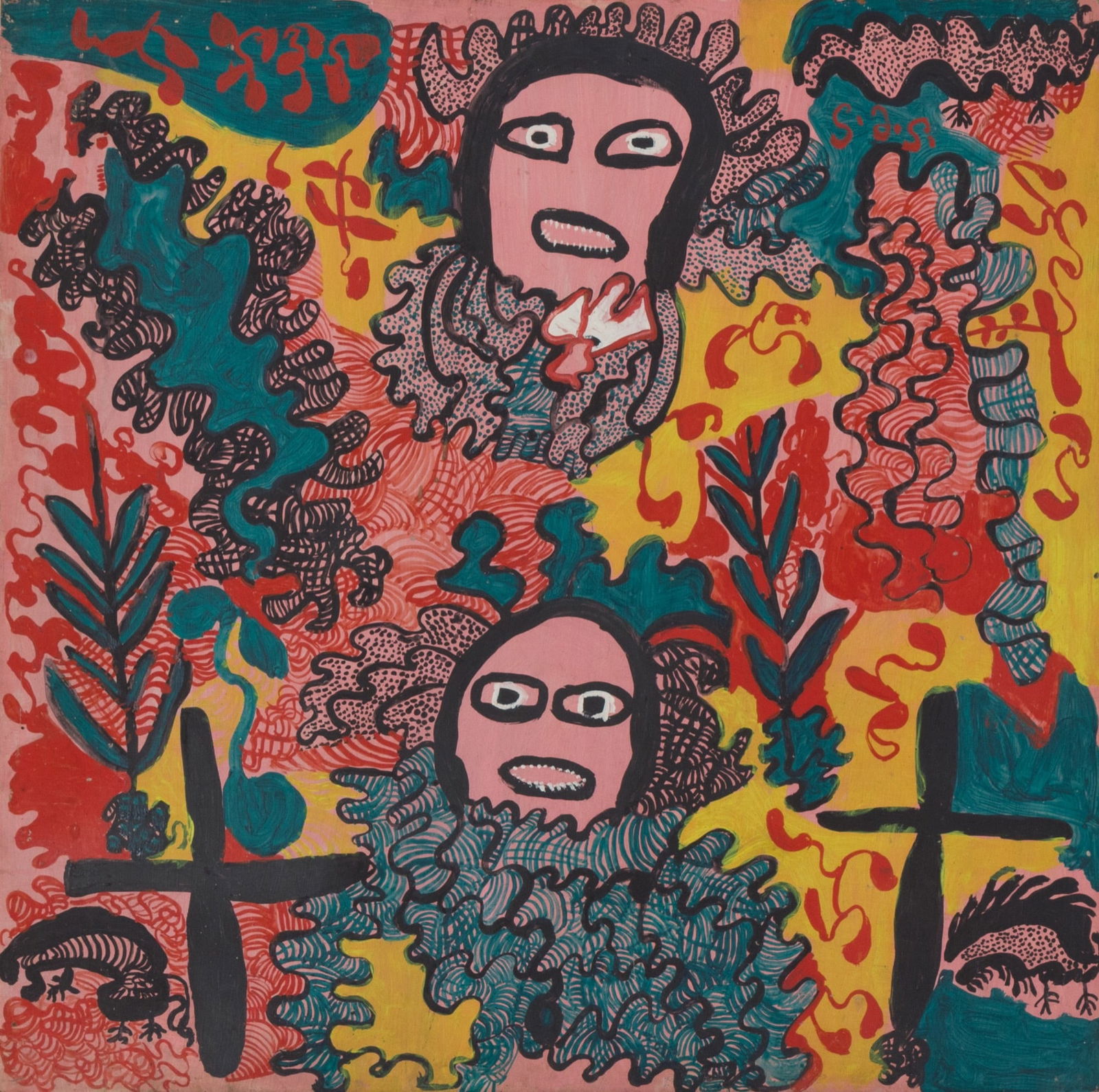 Saint-Jacques Smith (Haitian/Soissons-la-Montagne, 1943-2009): Saint-Jacques Smith (Haitian/Soissons-la-Montagne, 1943-2009) Untitled (Two Green & Purple Loas), circa 1980's, Oil on masonite, 24 x 24 inches unframed. Good condition, corners slightly worn out Piec