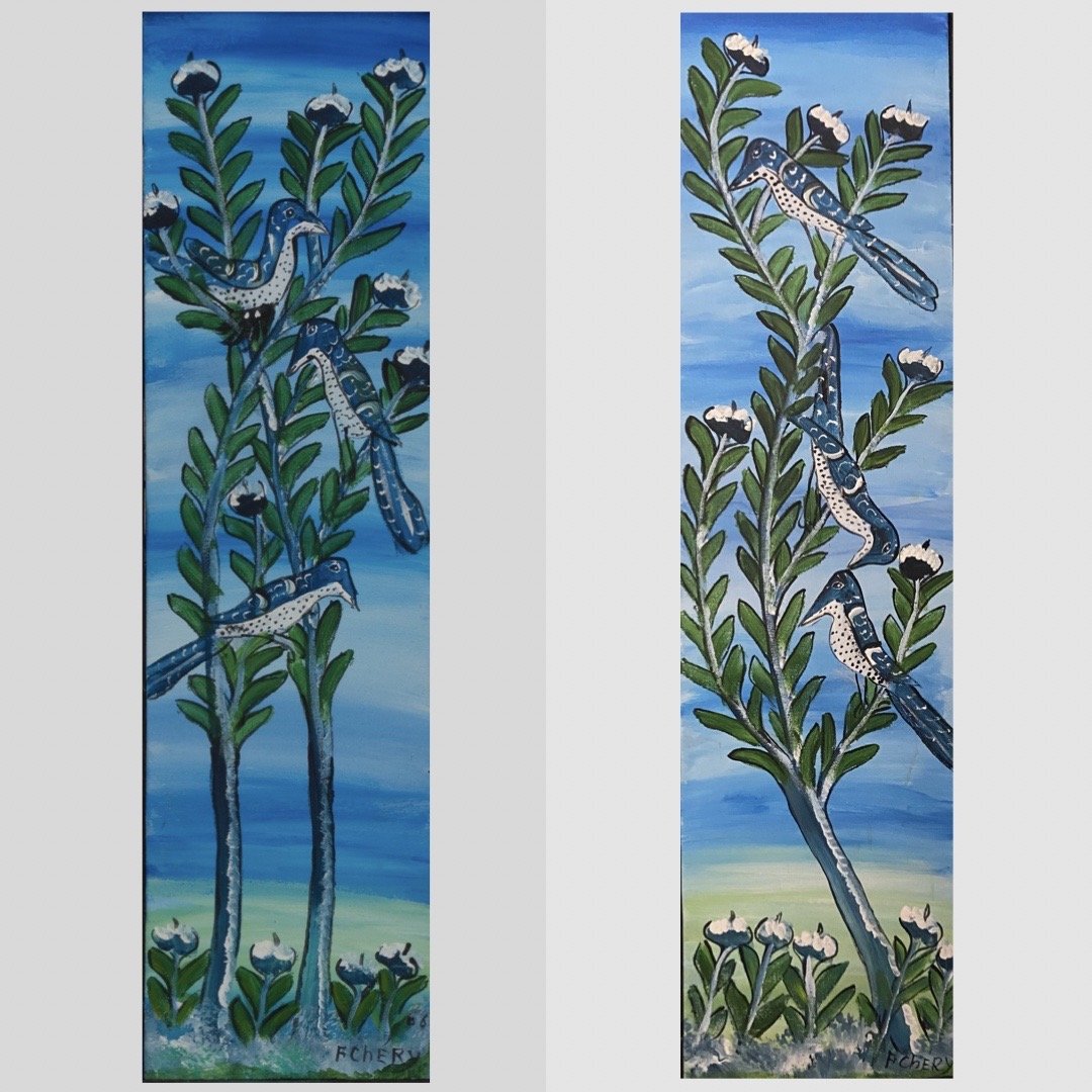 Francois Chery (1931 - 2023) Haiti: Francois Chery (21st Century) Haitian Pair of beautiful paintings of Trees with Birds. Acrylic on canvas, signed lower right, piece measures 30 x 8 and 30.5 x 8.5 inches. Beautiful Piece seen in many 