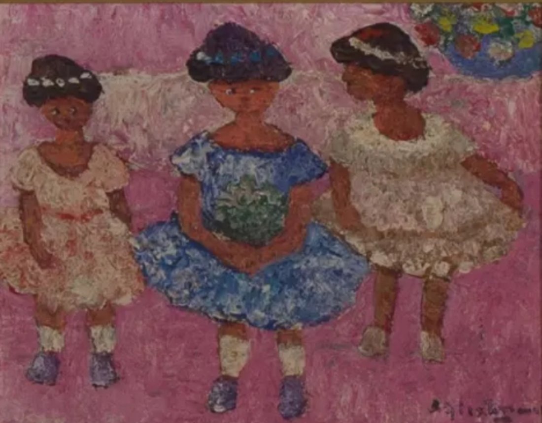 Henri Calixte (1933-2010) Haiti: Henri Calixte "Little Girls" (1933-2010) Acrylic "On Couteau" on canvas, Hand Signed lower, measures 8 x 10 inches. Born in Port-au-Prince in 1933. Henri Calixte painted in various mediums and styles 
