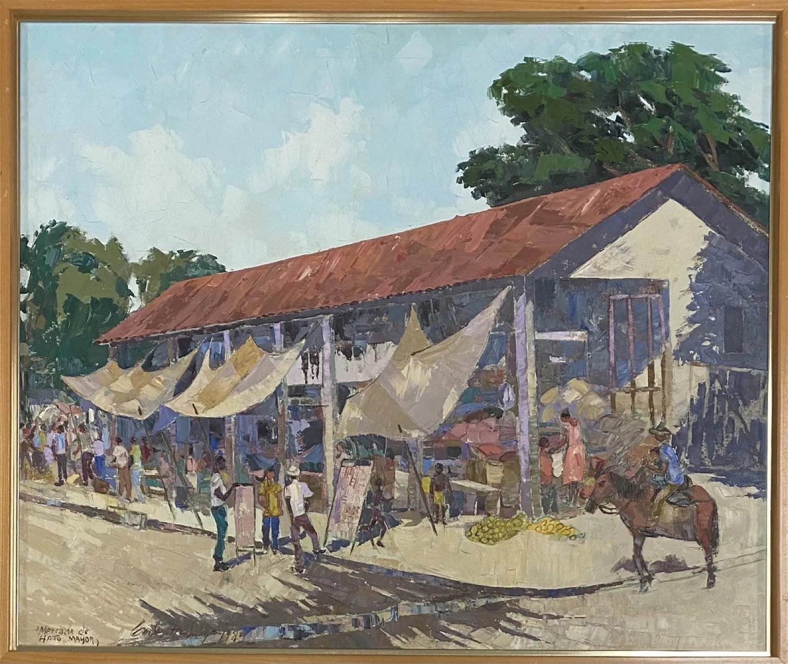 Dominican Market Scene Painting By Haitian Artist (21st Century): Vintage Haitian paintings, oil on board, Signed lower left, measures (27 x 32) inches w/ frame. "Mercado de Hato Mayor", Beautiful custom frame. No signs of restoration. Private Miami/ Haitian Collect