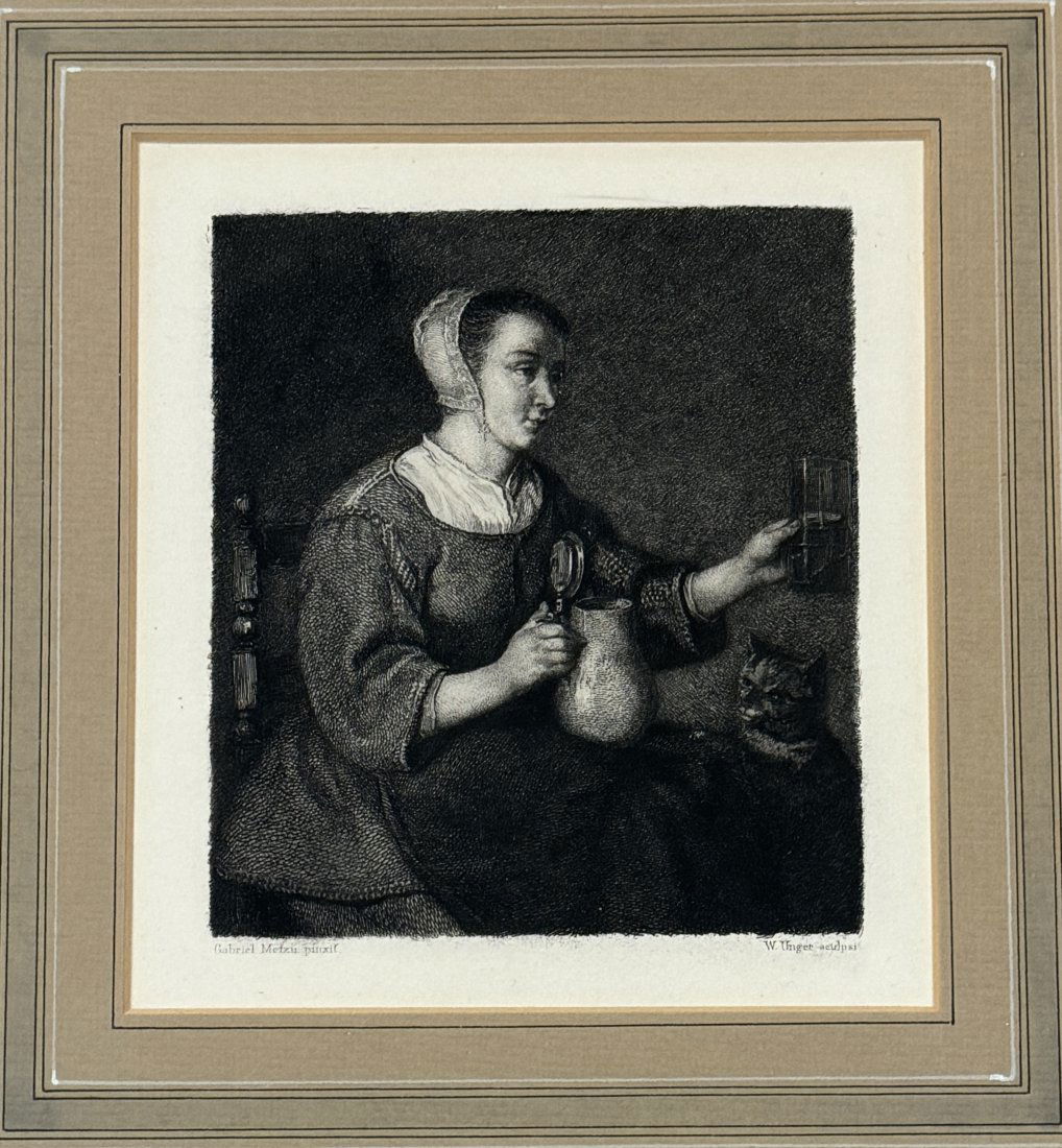 Etching by William Unger (1837-1932) after painting by Gabriel Metsu (1629-1667): Etching by William Unger (1837-1932) after painting by Gabriel Metsu (1629-1667) Printing on vellum paper, measures 6.5 x 5.5 and 21.5 x 17 inches w/ frame. William Unger began his formal art studies