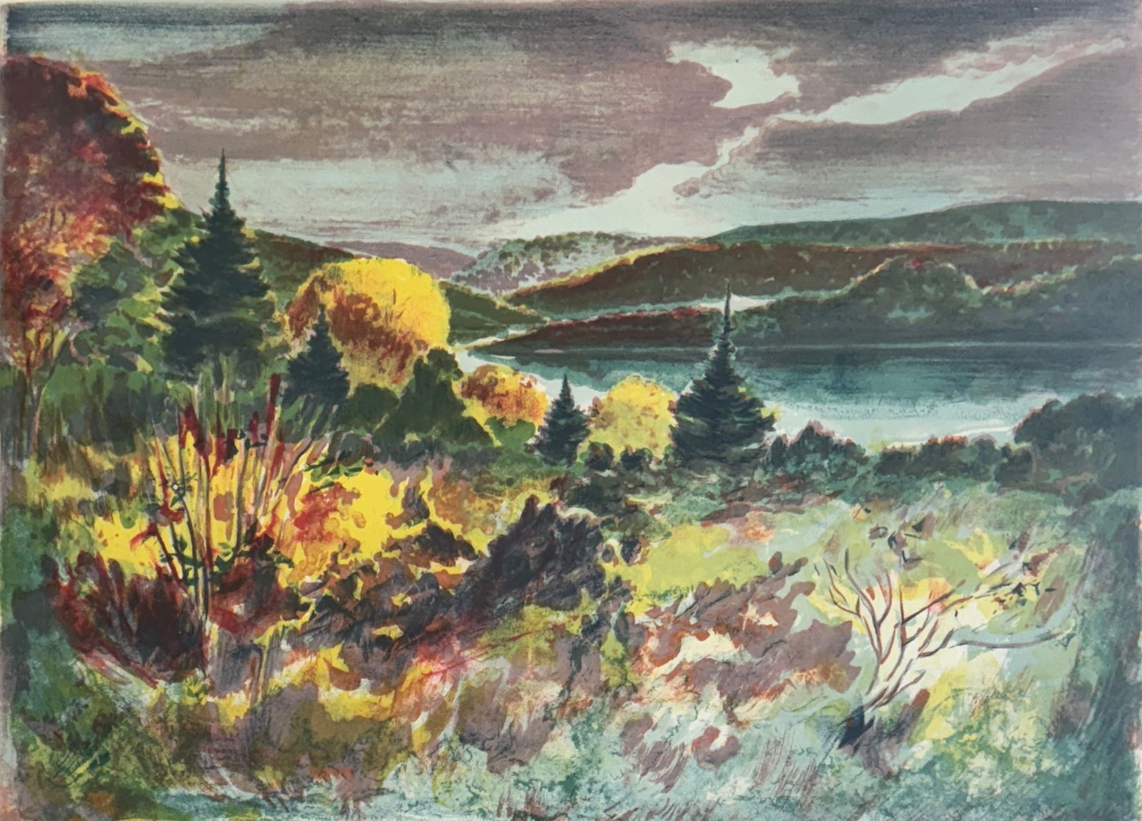 Lumen Martin Winter (1908 - 1982) "Hudson River Valley": Lumen Martin Winter (1908 - 19820 Lithograph on paper, Signed lower right in pencil "Lumen Winter" and numbered bottom left 198/260, measures 19.5 x 15.5 inches, titled 'Hudson River Valley". Lumen Ma
