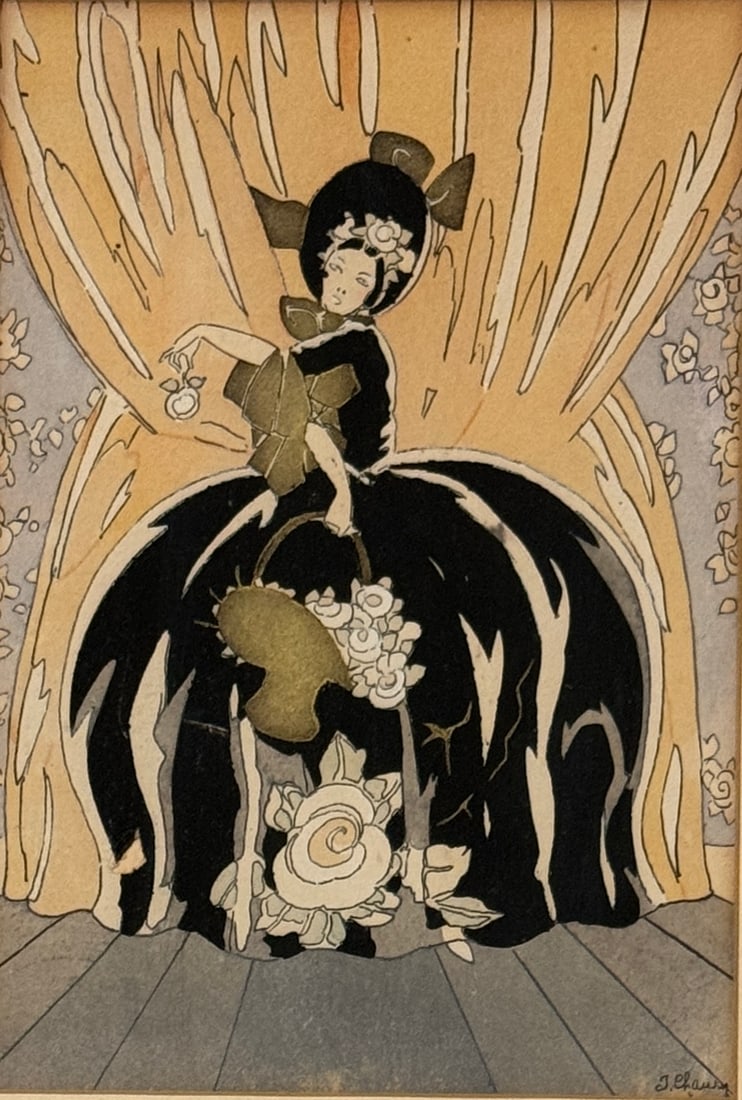 Jean Chauvin (1889-1976) French: Jean Chauvin (1889-1976) Pochoir Print on craft paper, artist signed Art Deco image Jean Chauvin printed. Chauvin is a highly acclaimed French sculptor celebrated for the simple purity of his abstract