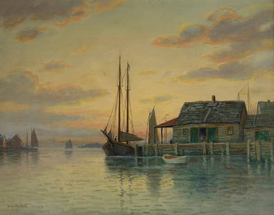 William Frederick Paskell (1866-1951) Nantucket Harbor: William Frederick Paskell (1866-1951) Oil on canvas, signed lower left W. M. Paskell and depicts a Nantcuket Harbor motif that was very popular by the artist as well as his studnets and friends, piece