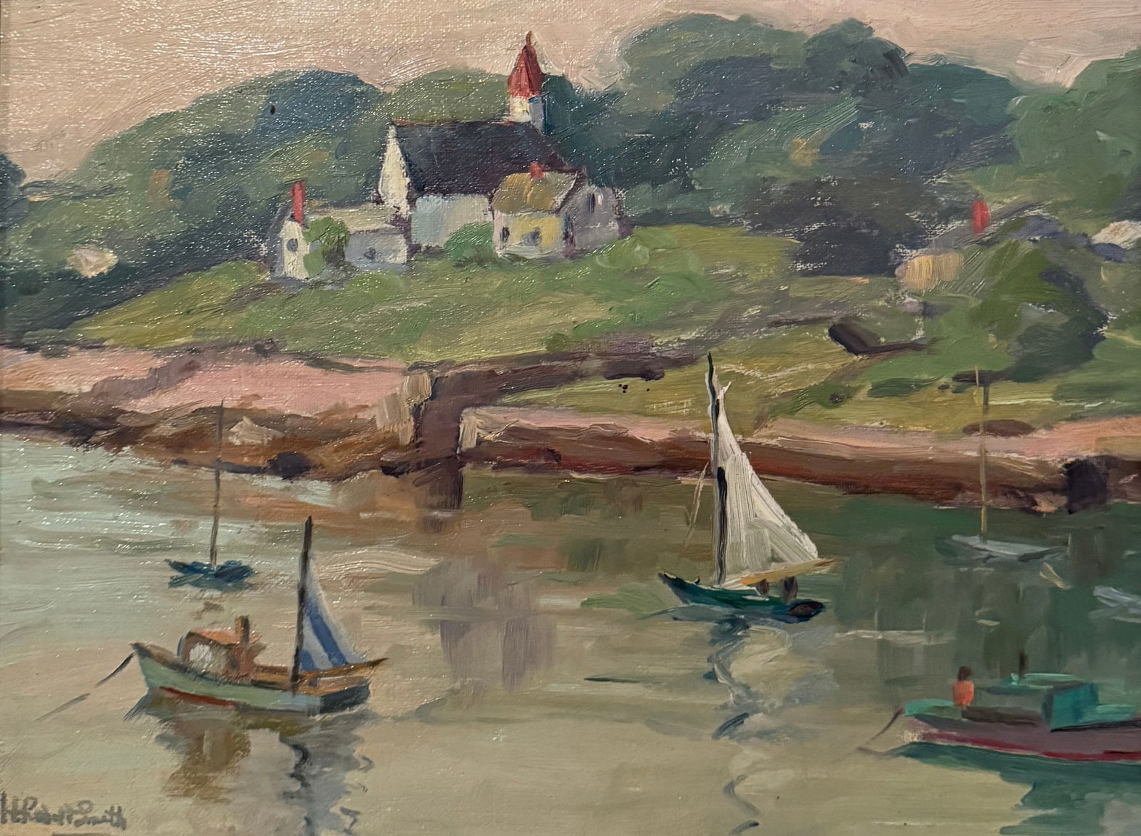 H. Robert Smith (1894-1972) “Pigeon Cove”: H. Robert Smith (1894-1972) Oil on canvas board, signed lower left and on verso as well as titled “Pigeon Cove”, piece measures 9 x 12 and 13.5 x 16.5 inches w/ frame. The Reverend Dr. H. Robe